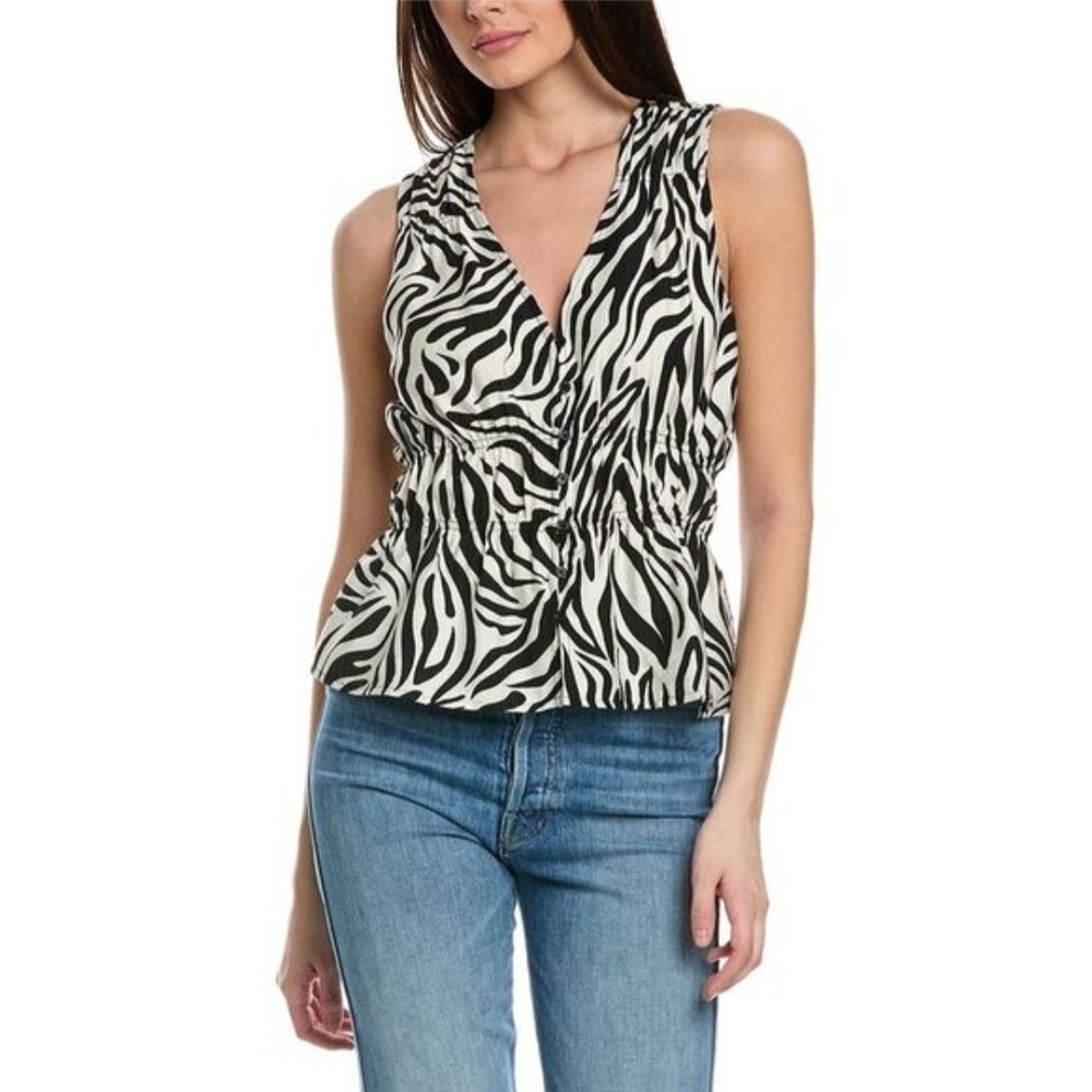 Rachel Roy (Women's M) Zebra Print Sleeveless Shirred Sleeveless Top Tank